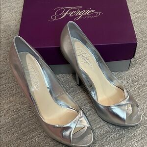 Fergie Metallic Silver Open Toe Heels
